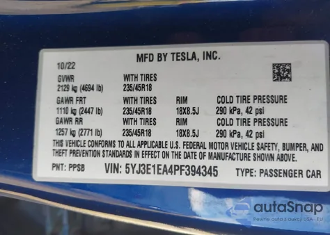 2023 Tesla Model 3 Rear-Wheel Drive from USA, damaged, VIN 5YJ3E1EA4PF394345